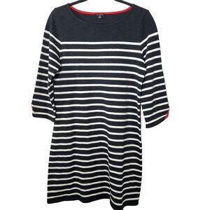 Talbots Black White Stripe Shift Dress Size MP Petite Medium Cotton